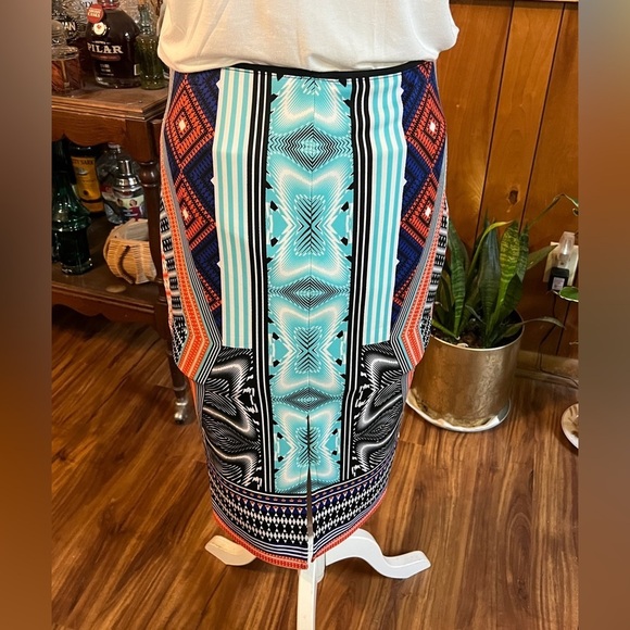 🛍️BISOU BISOU Black, teal multi graphic stretchy pencil skirt size M. - Picture 5 of 9